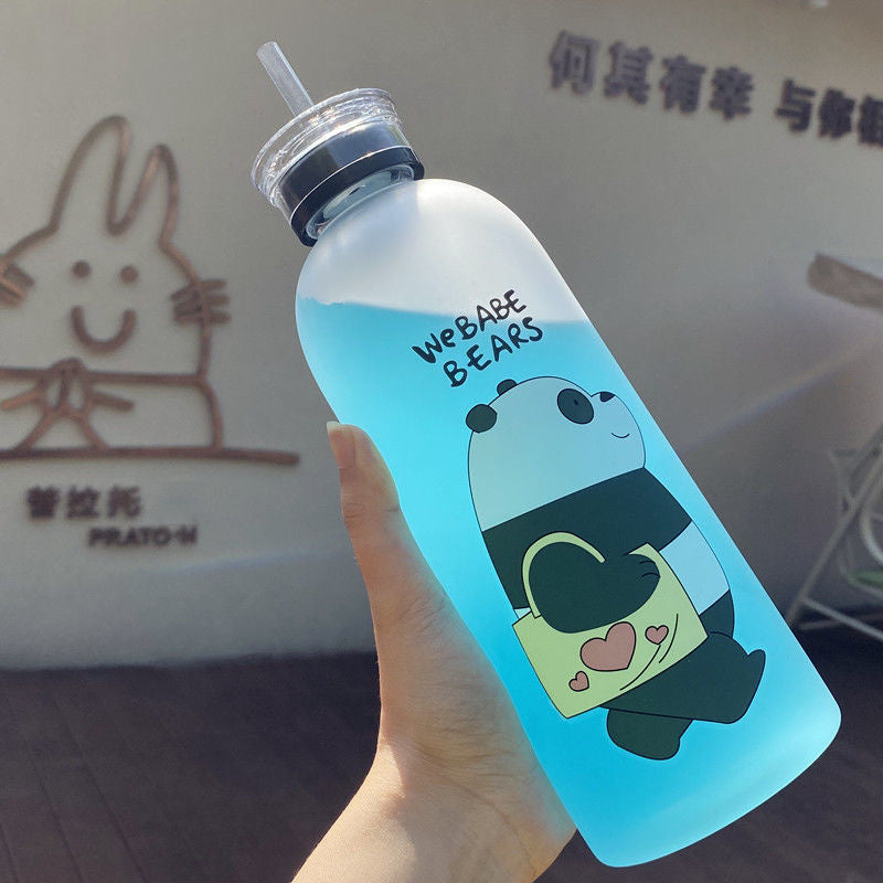 Cute Panda Bear Cup 1000ml Water Bottles With/Without Straw Cartoon Water Bottle Drinkware Frosted Leak-proof Protein Shaker